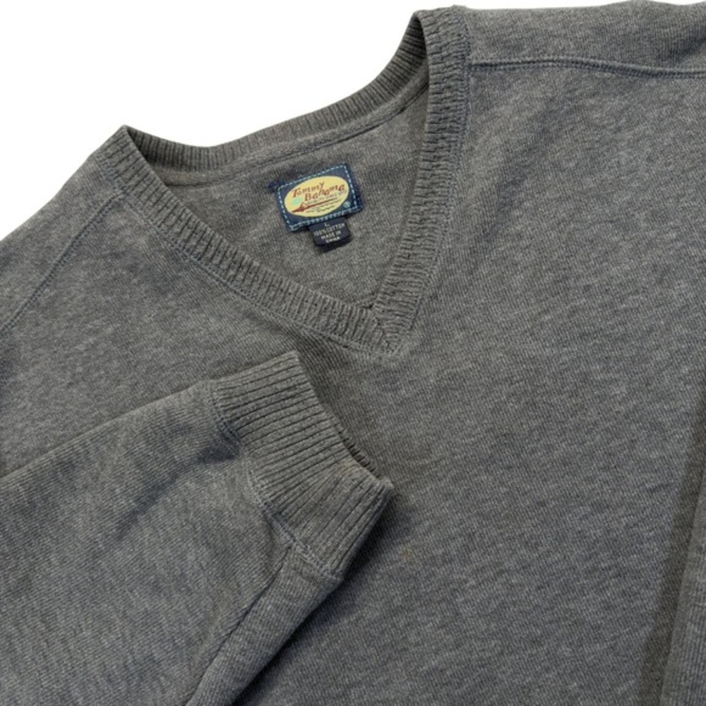 Tommy Bahama Mens L V-Neck Sweater Gray Cotton Ribbed Knit Pullover Long Sleeve